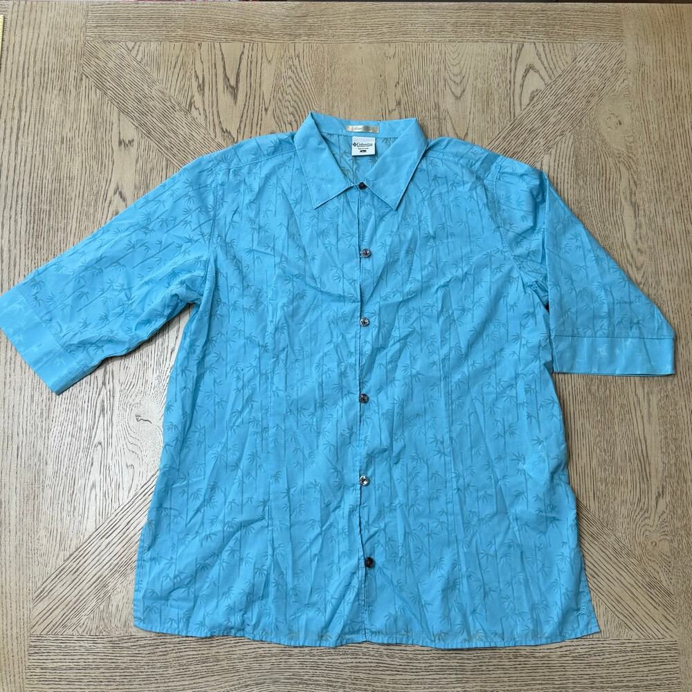 Columbia River‎ Resort Women’s Large Blue Palm Tree Hawaiian Button Front Shirt